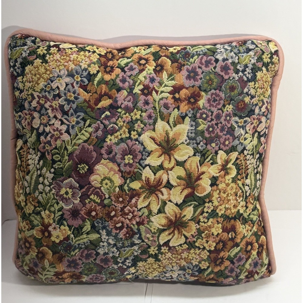Vintage Stitched Floral Throw Pillow Tapestry 17" X 17" Granny Cottage Core Pink